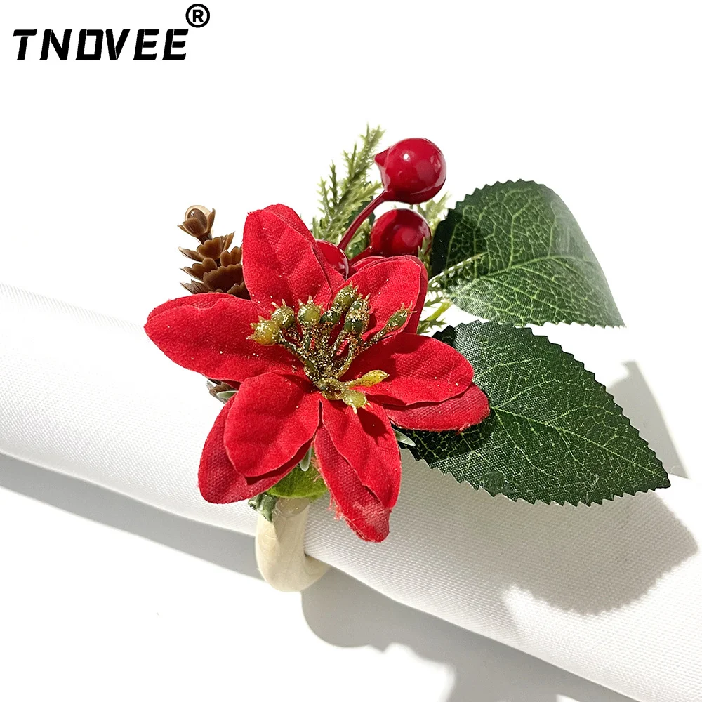

6Pcs Artificial Poinsettia Pinecones and Berries Flower Napkin Ring Holder for Christmas Wedding Thanksgiving Dinner Table Decor