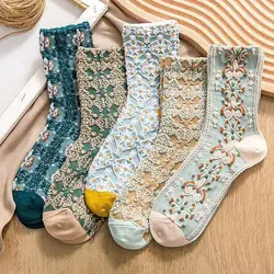 1Pair Vintage Harajuku Retro Embroidery Spring Woman Japanese Kawaii Cute Socks Ethnic Lolita Lace Flower Crew Fashion