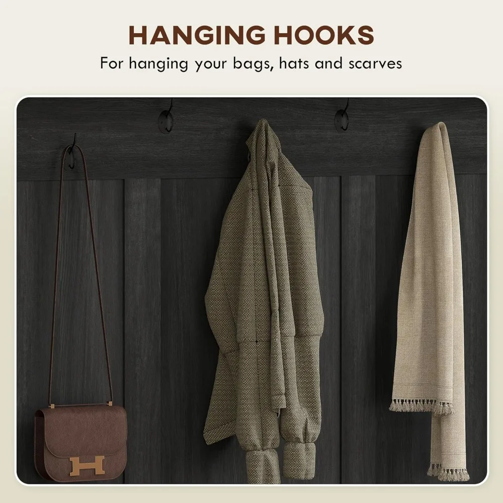 3-in-1 hall tree with storage, farmhouse coat rack with bench, standing shoe rack with seven hooks for entryway, black wood gra