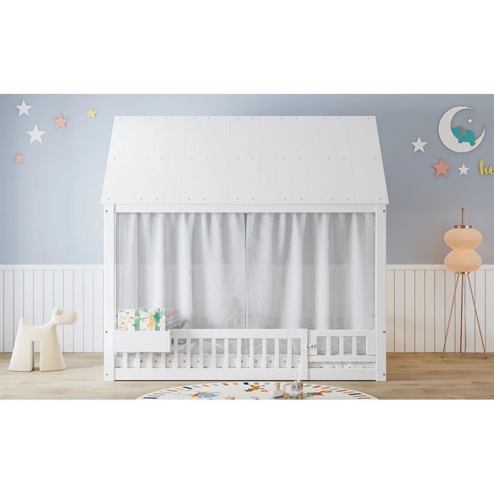 140x200cm Weißes Einzelbett, Babybett, Filigrane Fenster- und Dachdetails, mit Weißen Vorhängen und Kleinem Stauraum – Detail 14