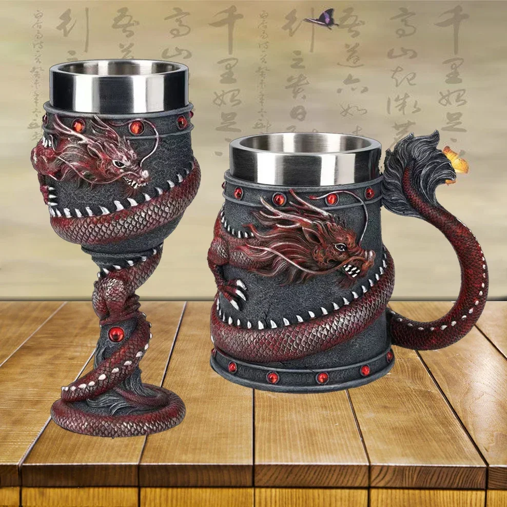 

220/600ml Creative China Dragon Beer Cup Stainless Steel Liner Resin Beer Mug Individualized Goblet Vintage Wine Glass