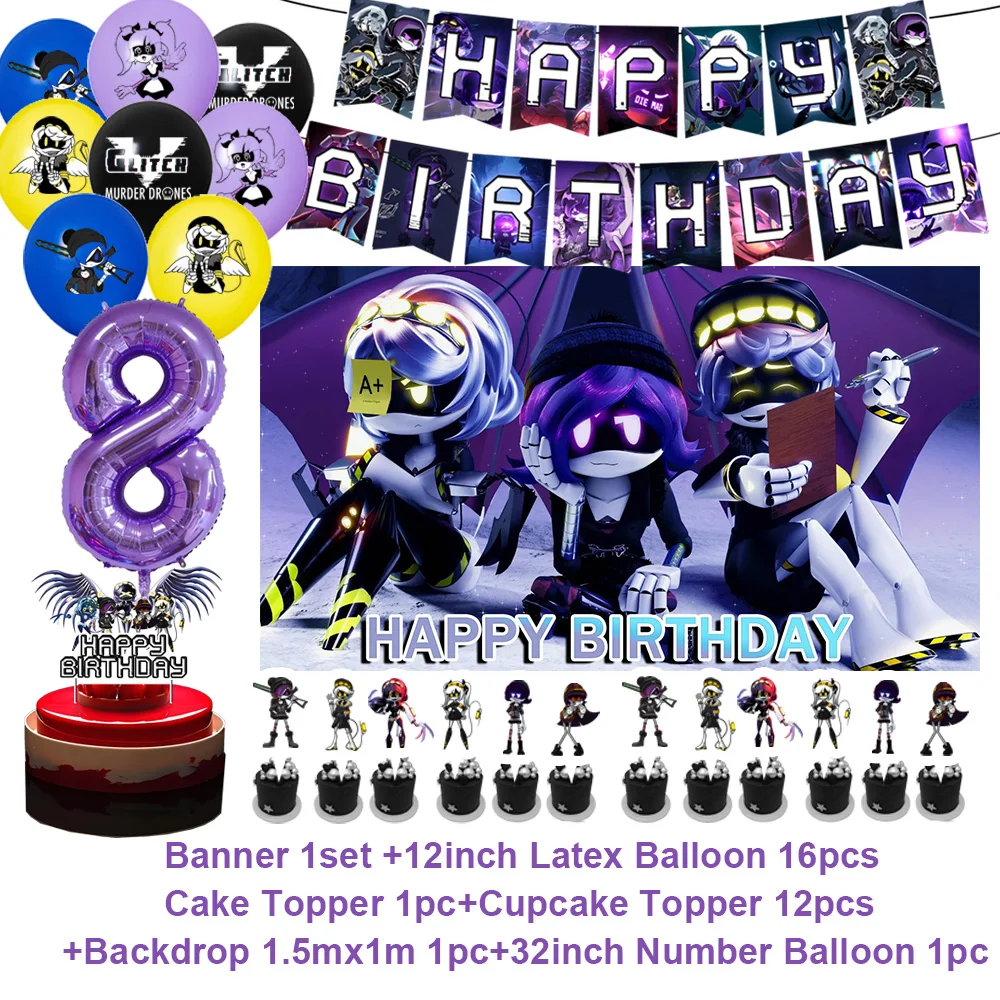 Murdered Drones Themed Birthday Party Decoration Set - Background, Balloons, Banner & Cake Topper