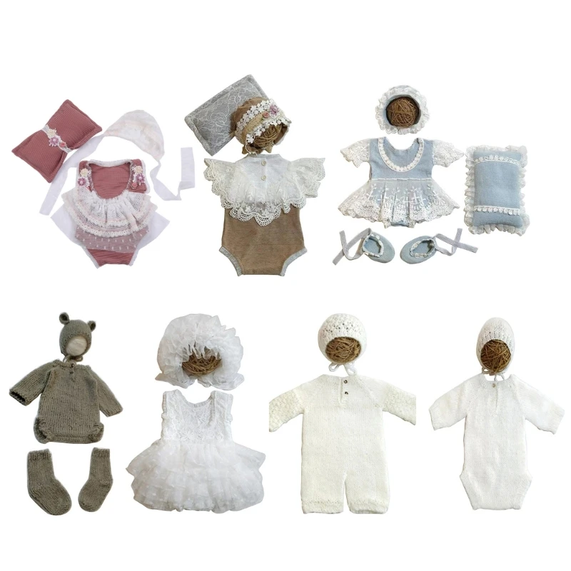 

Lace Romper and Hat Set Lovely Newborn Baby Photography Props Infant Girls Bodysuit Shower Gift for 0-1 Months