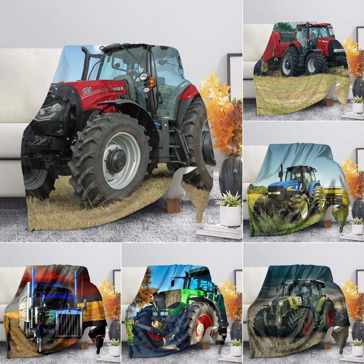 

3D Tractor Pattern Fleece Blanket Super Soft Flannel Throw Blankets All Seasons Lightweight Warm for Sofa Bed Cover Bedding King