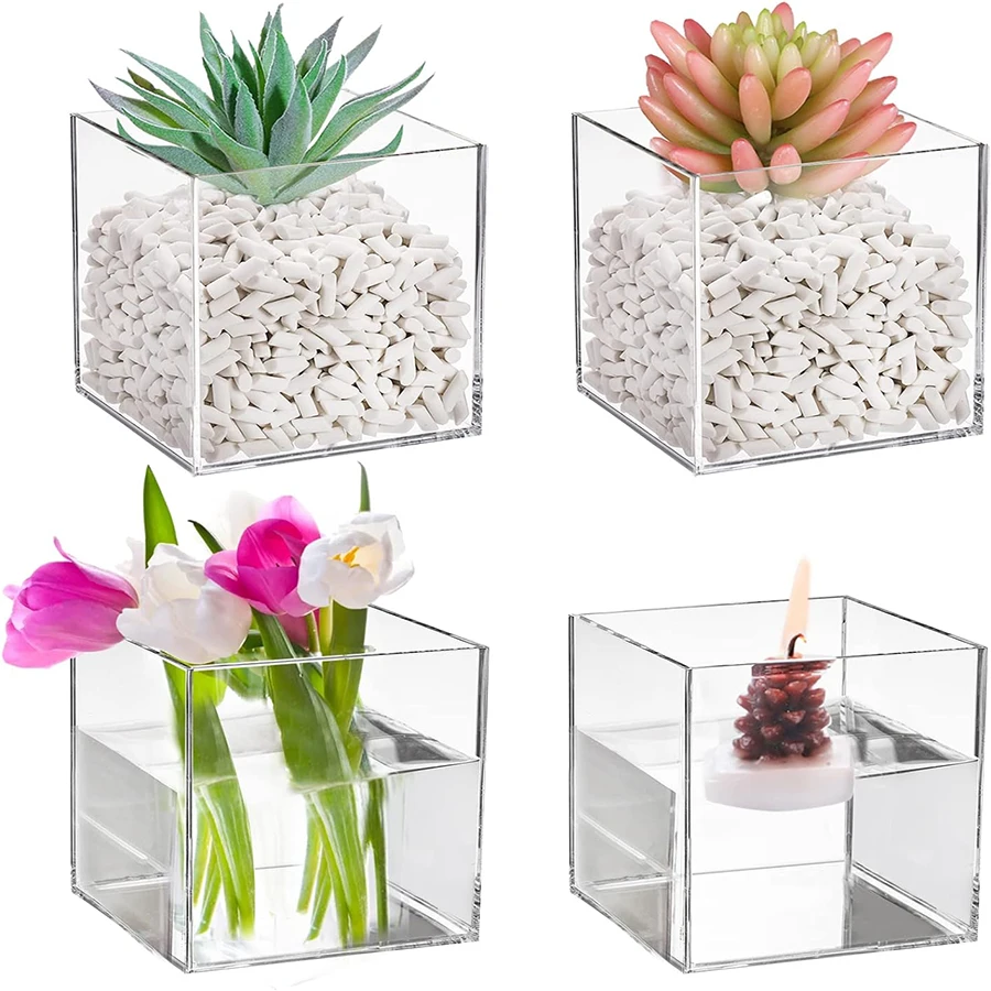 

6PCS Square Vases 4.72 Inches x 4.72 Inches Transparent Square Cases Cube Flower Vases Candle Holders Weddings Becoration Events