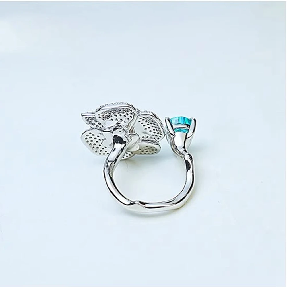 Vinregem 7*10 MM 3CT Pear Cut Lab Created Aquamarine High Carbon Diamond Gemstone Flwoer Open Ring 925 Sterling Silver Jewelry