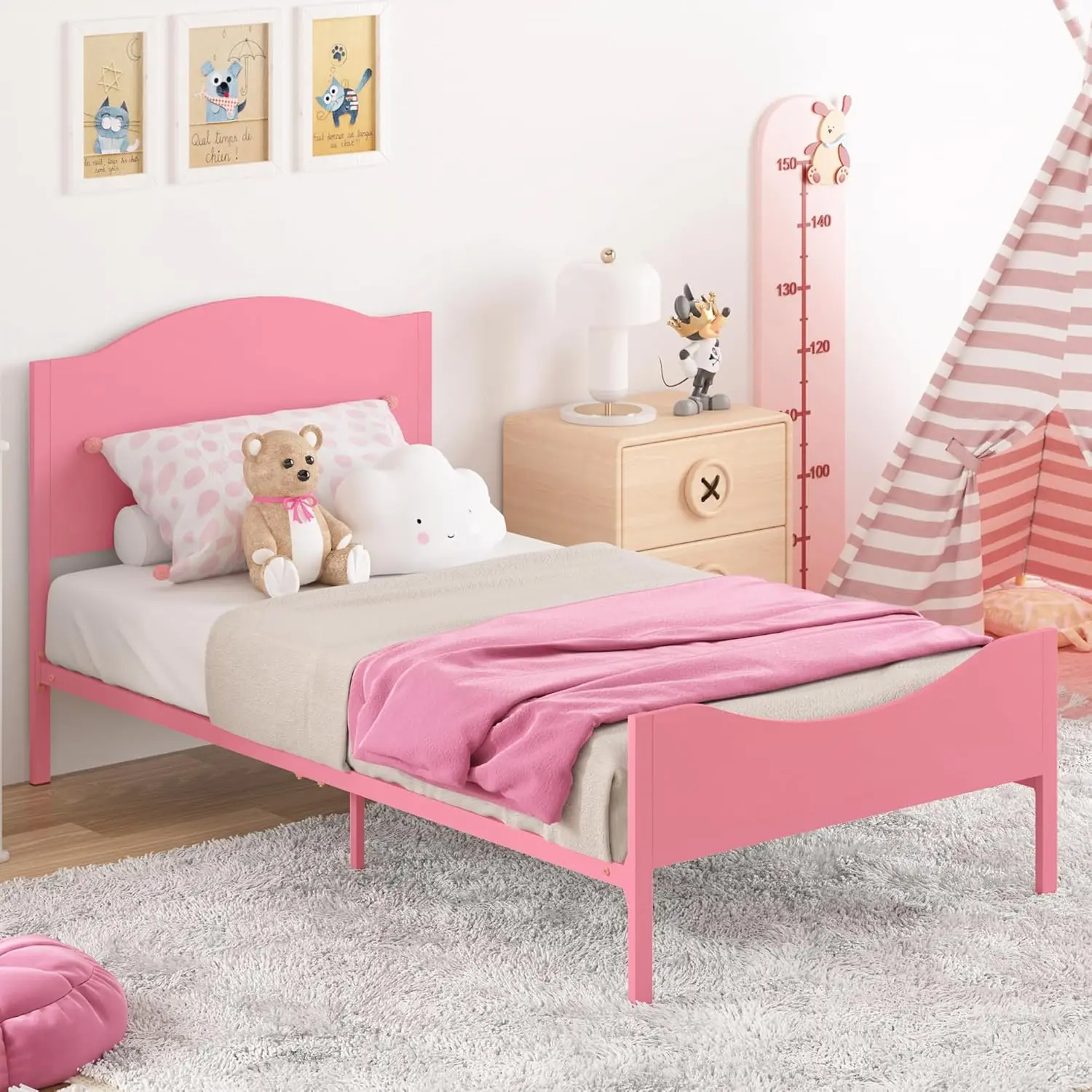 Timy Pink Kids Twin Bed Frame with Wooden Headboard and Footboard, Metal Platform Bed Frame for Boys Girls Teens Adults, Modern