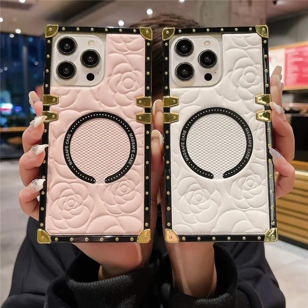 Fashion 3D Flower Leather Plating Square Case For Magsafe iPhone 13 14 Plus 12 11 15 Pro Max Wireless Charging_voghion.com