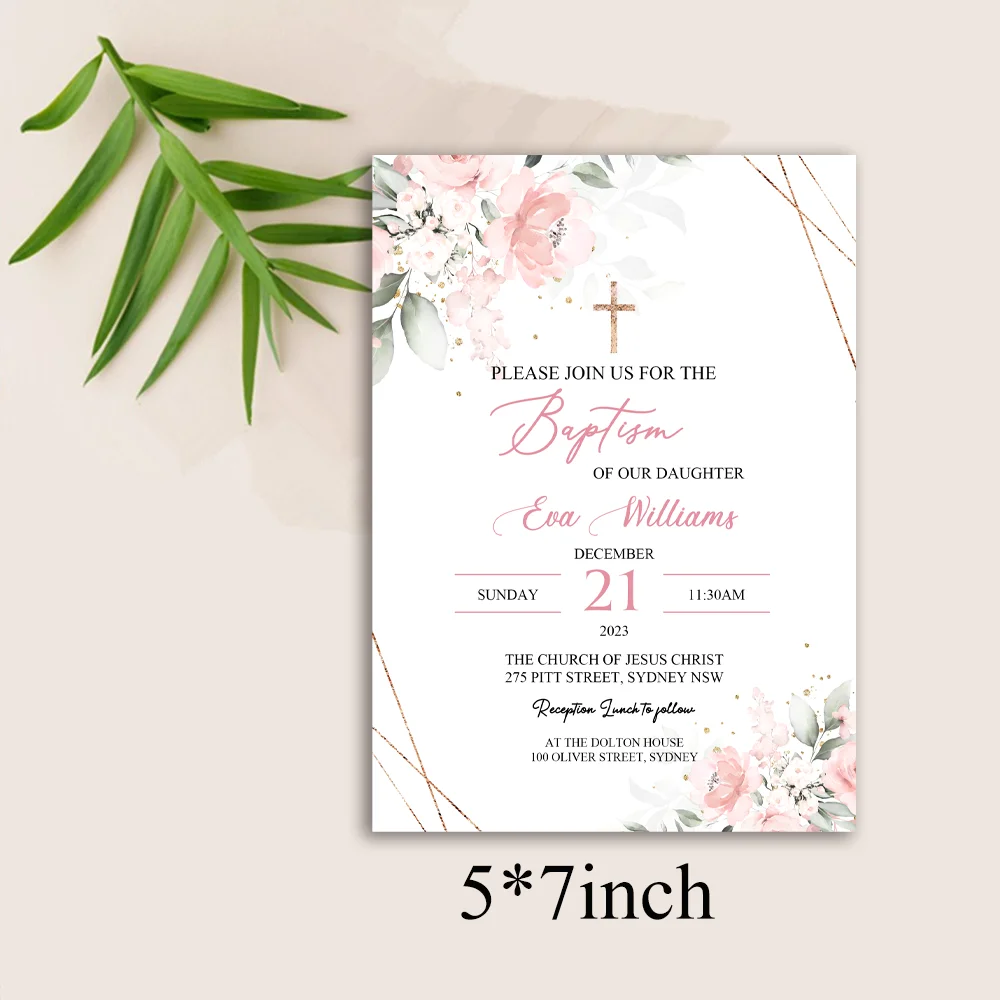 Blush Pink Rosary Orchid Girl Baptism Invitation Card,Girl Baptism Invitation Christening InviteCard,Baptism Invite