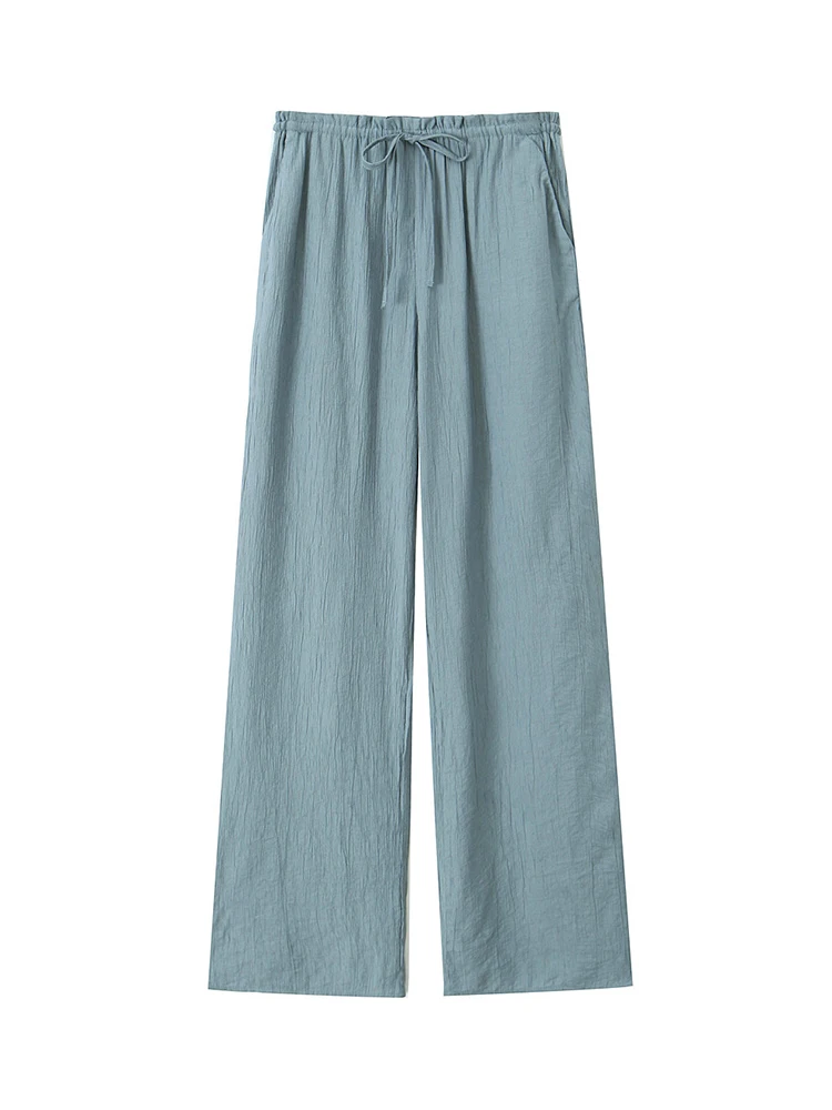 Willshela Women Fashion Solid Texture Drawstring Straight Pants Vintage High Elastic Waist Full Length Female Chic Lady Trousers