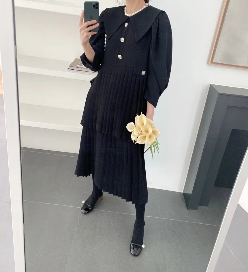 [EWQ] Spring New 2022 Lapel Flowers Buttons Decoration Dress Women Pink Robe Puff Sleeve Clothing Double Layers Pleated Dresses occasion dresses