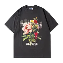 Camiseta de gran tamaño para hombre, ropa urbana de Hip Hop, pintura de flores, letras estampadas, Camiseta holgada de algodón Harajuku, Tops de manga corta
