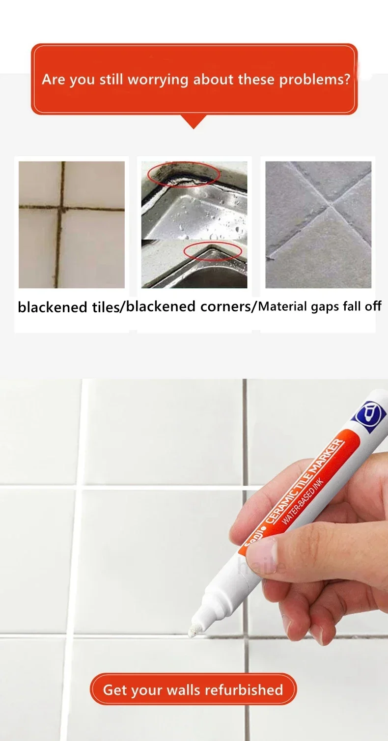 Weißer wasserdichter Fliesenmarker, Fugenstift, Wandnahtstift, 10 Farben optional, für die Dekontamination von Fliesenböden, Badezimmern, Nahtreparatur – Detail 3