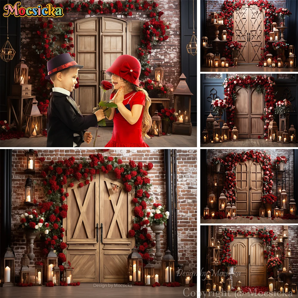 

Valentine's Day Night Backdrop Red Rose Flower Brick Wall Candle Background Wallpaper February 14 Lover Portrait Studio Props