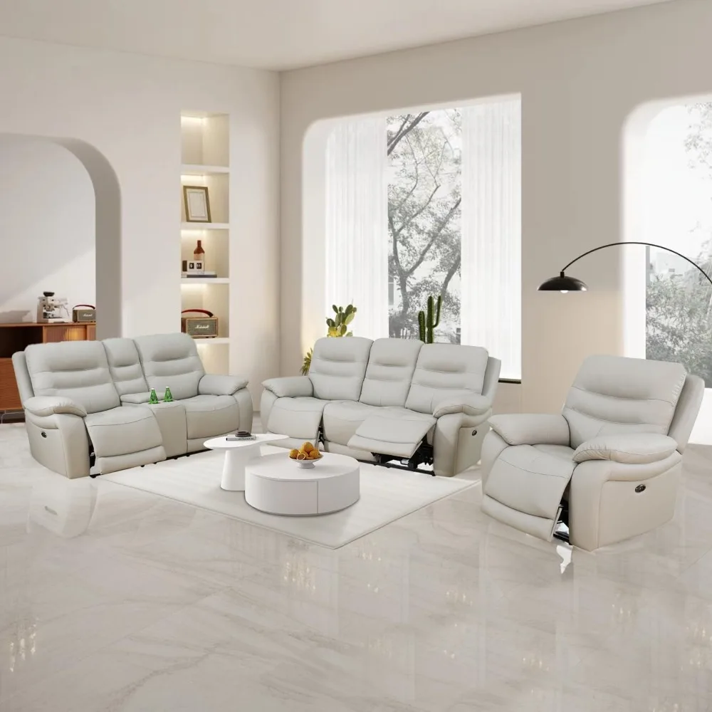 Power Recliner Sofa Set 3-Piece Genuine Leather with Storage Console USB Port Cup Holders Light Grey Living Room Furniture