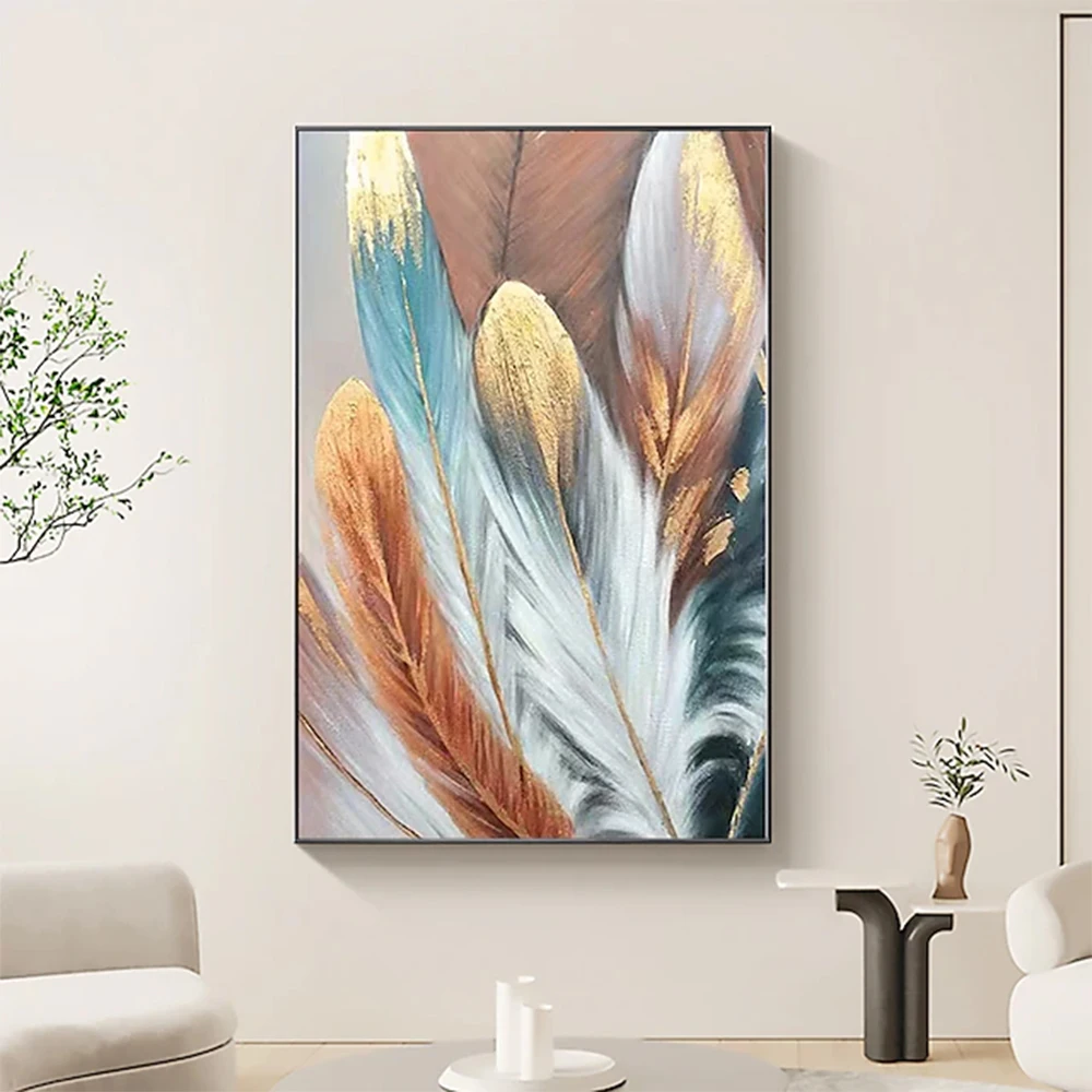 

Hand Painted Colorful Feather Oil Painting gold feather canvas Painting for Living Room bedroom home Decoration artwork