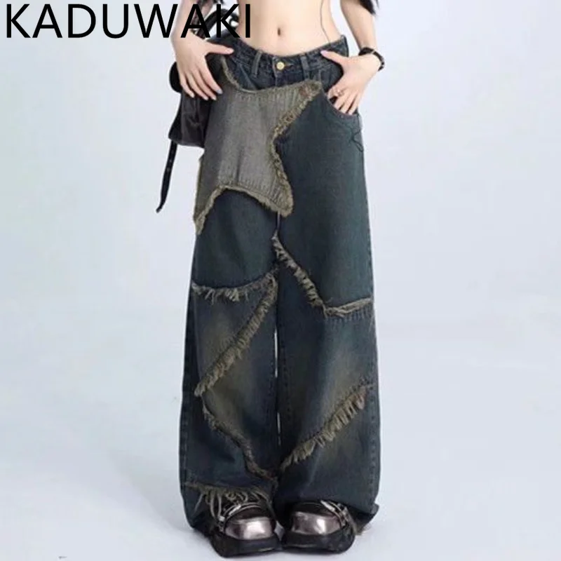 

Vintage Distressed Jeans Women 2023 Fashion New Street Trend Casual Baggy Jeans Niche All Match Five Pointed Star Patch Jeans