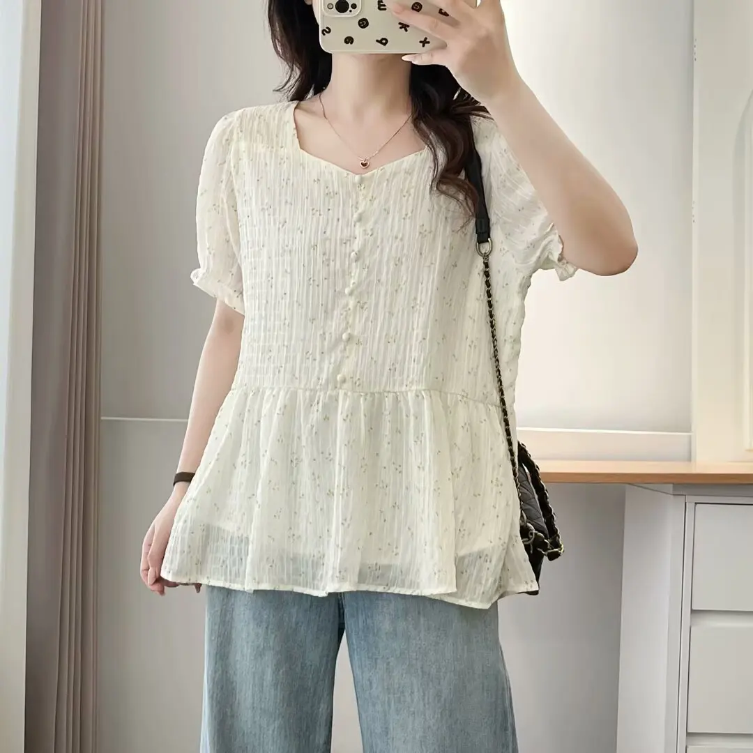 Summer Plus Size Women's Tops Fashion square-neck Floral Blouse 100kg Casual Short Sleeved Shirt 1040