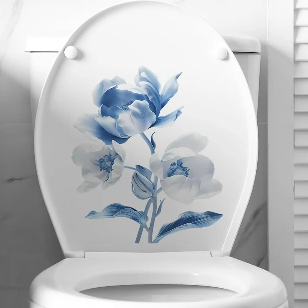 Easy to Peel Toilet Sticker Blue Flower Toilet Sticker Waterproof Pvc Wall Art Decal for Bathroom Room Removable Self-adhes F18