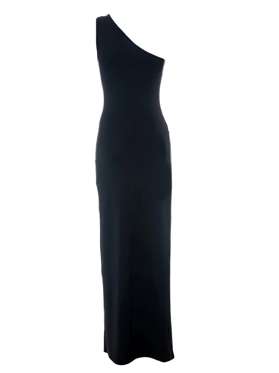 

Stunning Black One Shoulder Maxi Dress with High Slit and Metal Ring Detail - Sleeveless Bodycon Partywear for Women