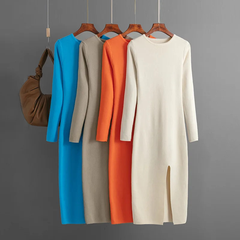 

New spring Slim Fit Design Long Knit Women Bodycon Dress Autumn Split Up Pullover Sweater Dresses Knee- Length Maxi MIDI Dresses