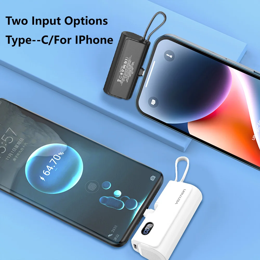 Vention Mini Power Bank Fast Charging Auxiliary Battery Portable PD Charger Powerbank Built-in Type-C Cable for iPhone 16 Xiaomi 4