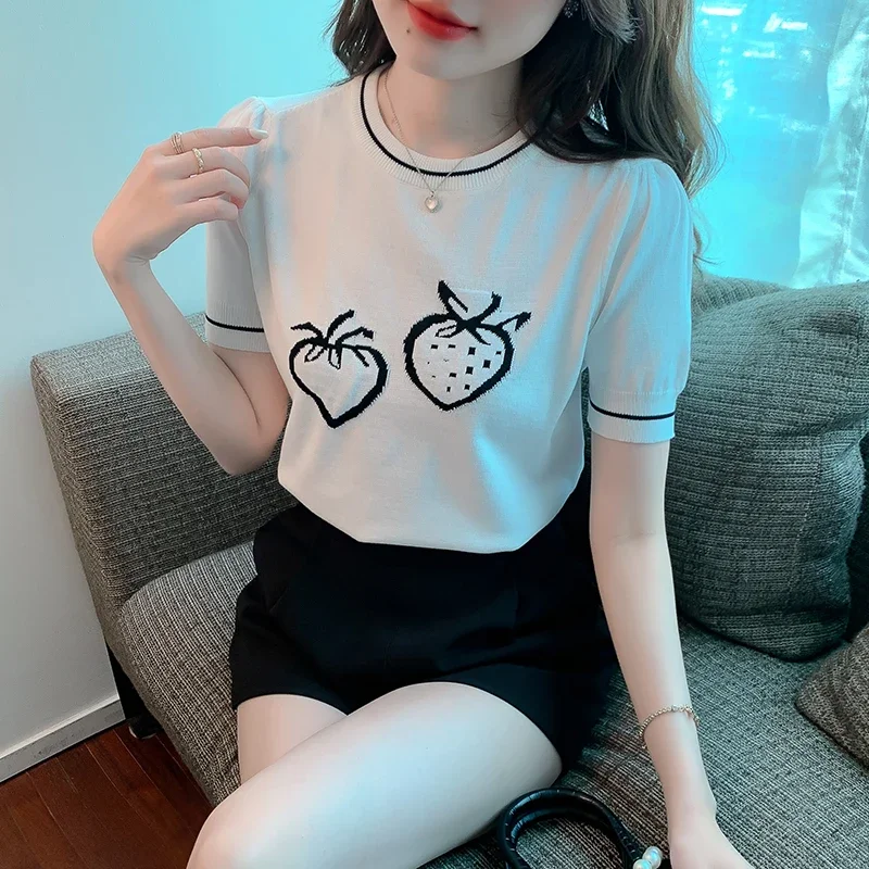 

Strawberry Jacquard O Neck T Shirt Women Puff Sleeve Sweater Thin Summer Korean Casual Tops Chic Knitted Short Sleeve Tshirts