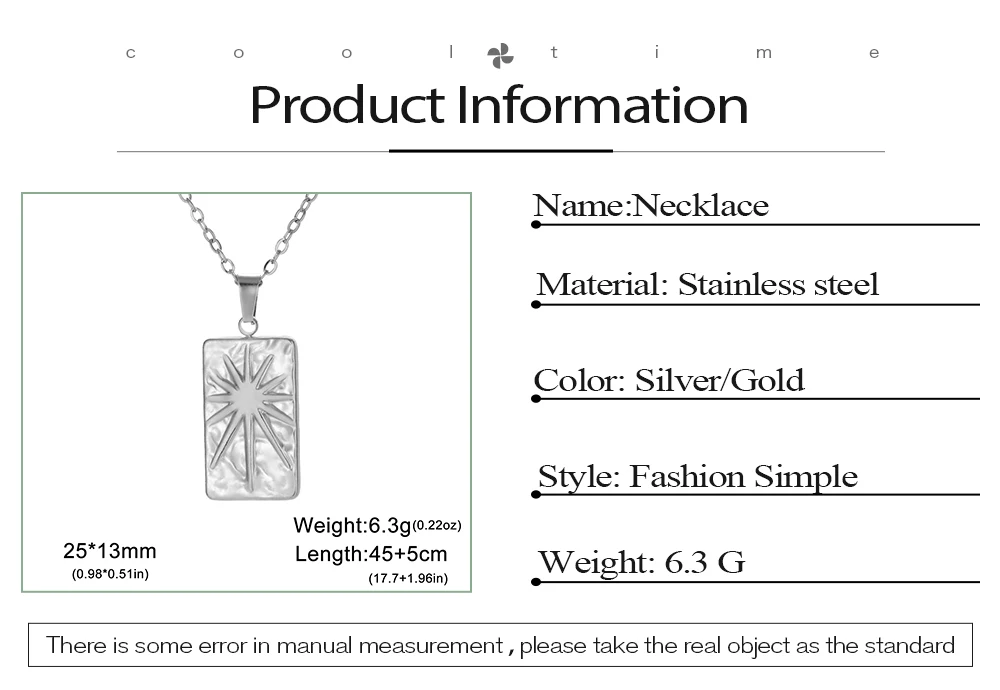 COOLTIME Stainless Steel Rectangle Sun Charms Necklace for Women Men Fashion Sun rays Pendant Choker Jewelry Wholesale – Detail 2