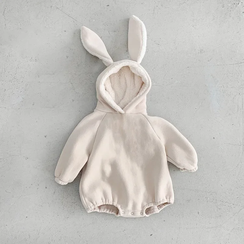 Adorable Rabbit Ear Fleece Lined Baby Romper Hooded Unisex Winter Clothes Bottom Covering Crawling Suit for Boys And Girls