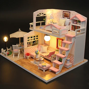 3D Puzzle Building Model Kit Wooden Miniature Doll House With LED Lights Assembled DollHouses Home Decoration Birthday Gifts 1
