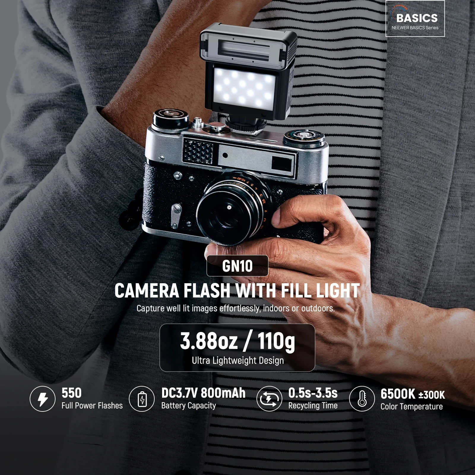 NEEWER BASICS 미니 카메라 플래시(2W LED 비디오 조명 포함)/GN10/0.5-3.5초 재활용/550 플래시/6500K±300K/800mAh 배터리 핫슈