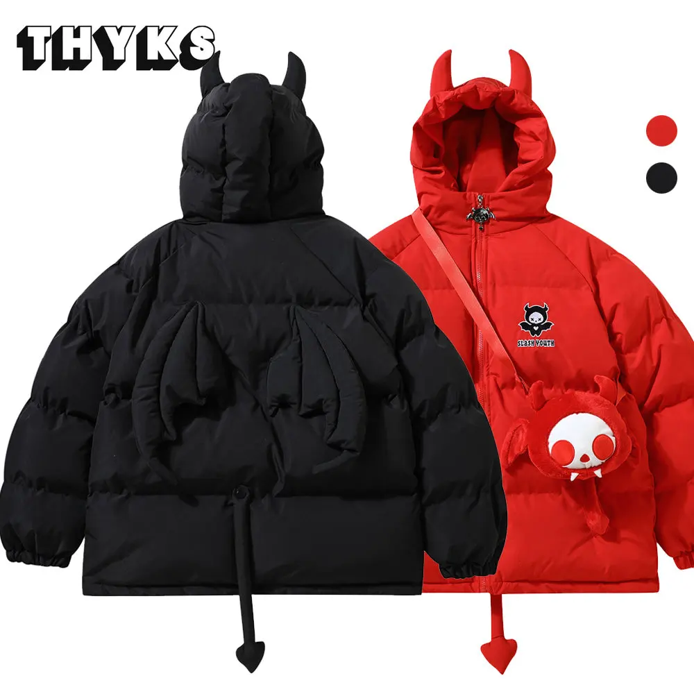 

High Street Puffer Jacket Women Winter Hooded Warm Coat Men Devil Horns Wing Tail Thick Cotton Padded Parkas Doll Bubble Jackets