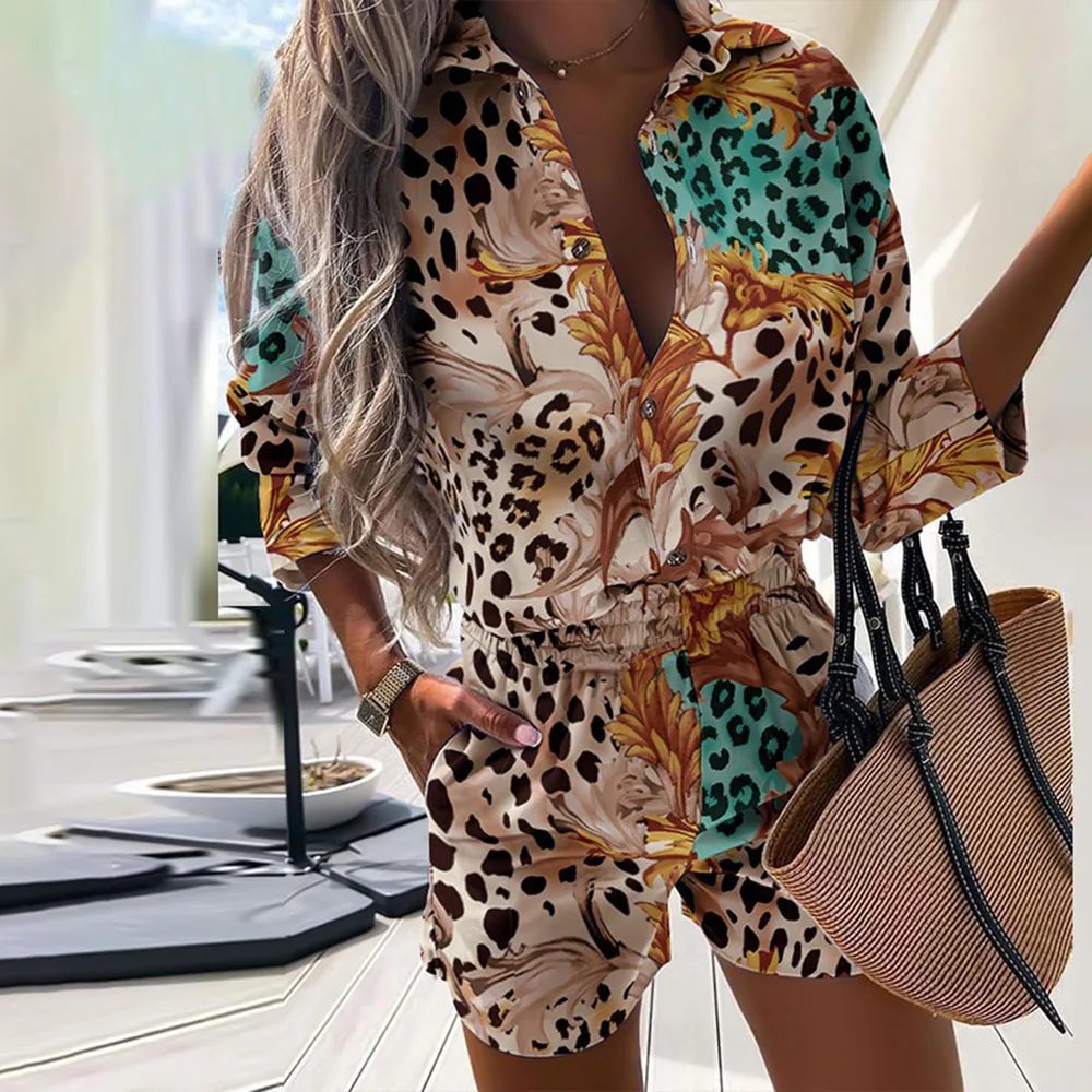 Casual Two Piece Sets 2022 Spring Leopard Print Shorts Suit Half