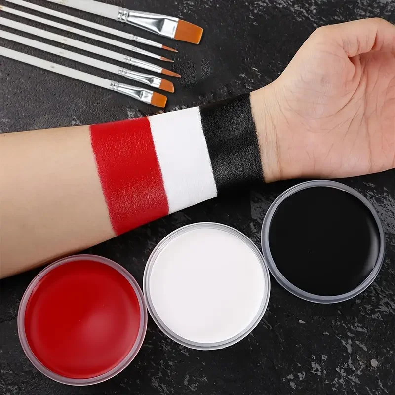 Face  Body Paint Set - Black White Red FX Makeup for Halloween Role Play with 6 Brushes