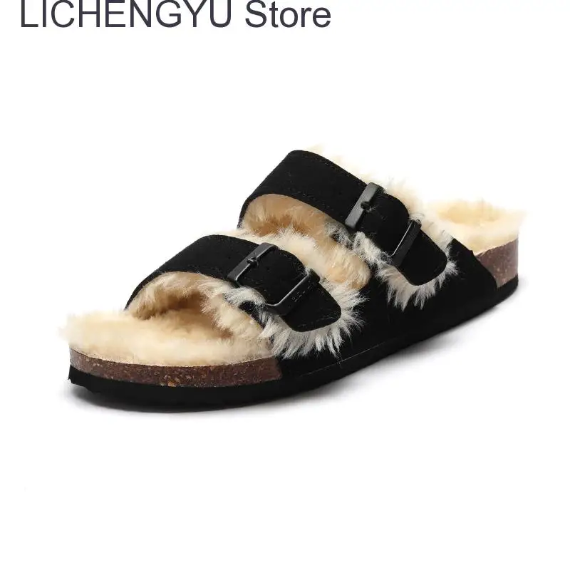 New Fur Inside Cork Slipper Autumn Winter Women Casual Nubuck Leather Outside Men Buckle Soft Plush Slides Shoe