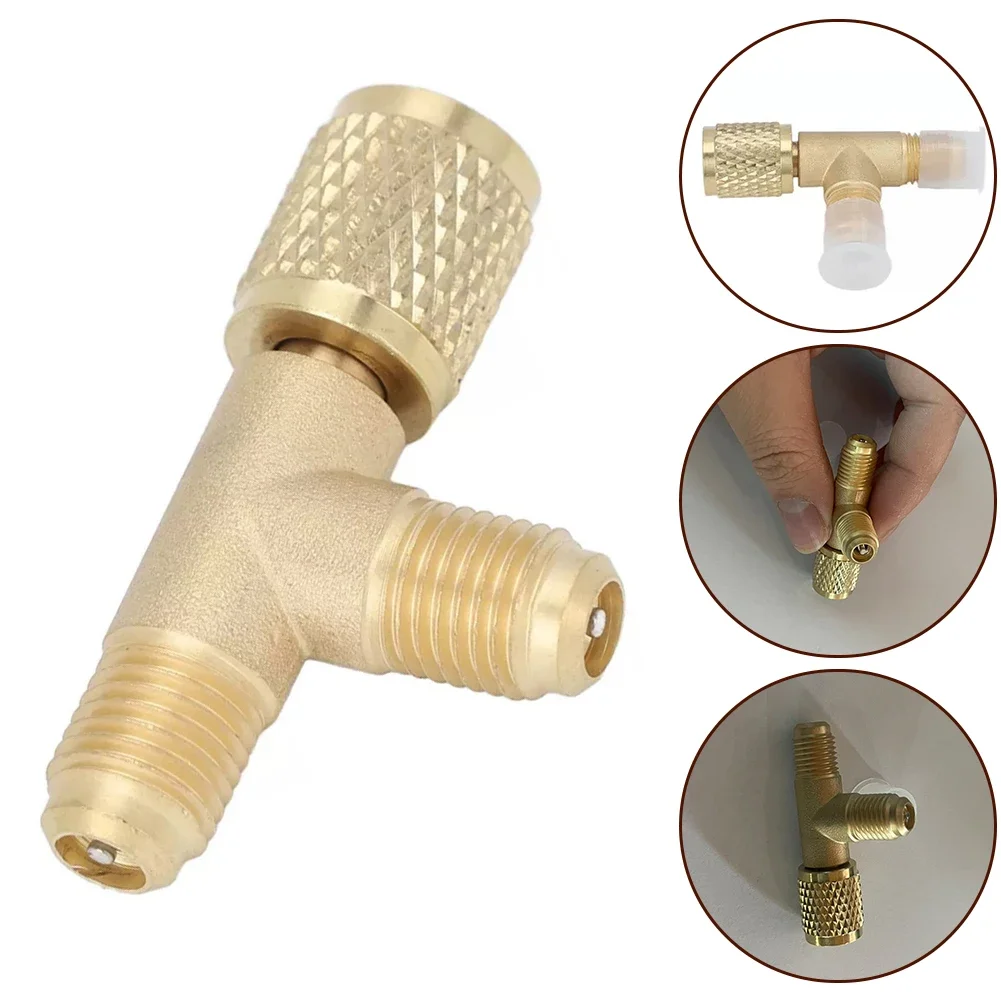 Car Quick Coupler Tee Adapter Valve Core 1/4in SAE Brass Air-Conditioning Quick-Connector T-shaped Adapter 1pc For R22 R12 R134
