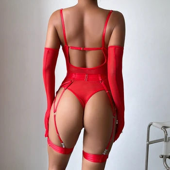 Body ajustado de encaje Sexy transparente con liga erótica traje de club nocturno Sissy Top de malla sin entrepierna 6