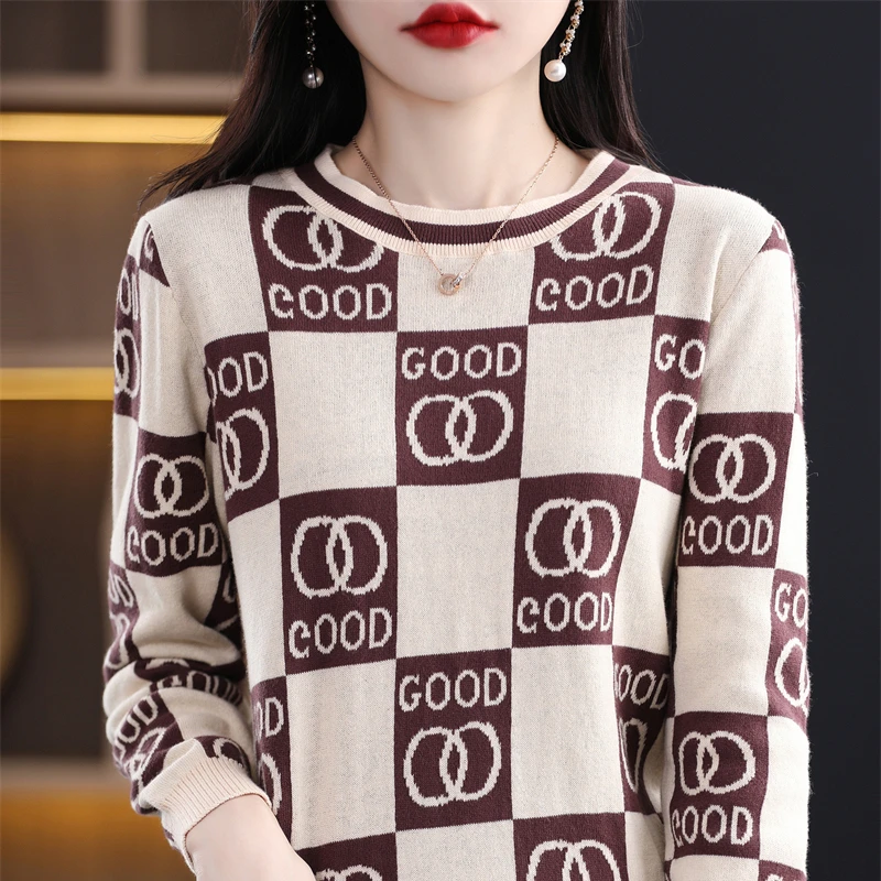 

Knitted T-shirt women's long sleeved autumn and winter new high-end plaid round neck temperament loose fashion sweater