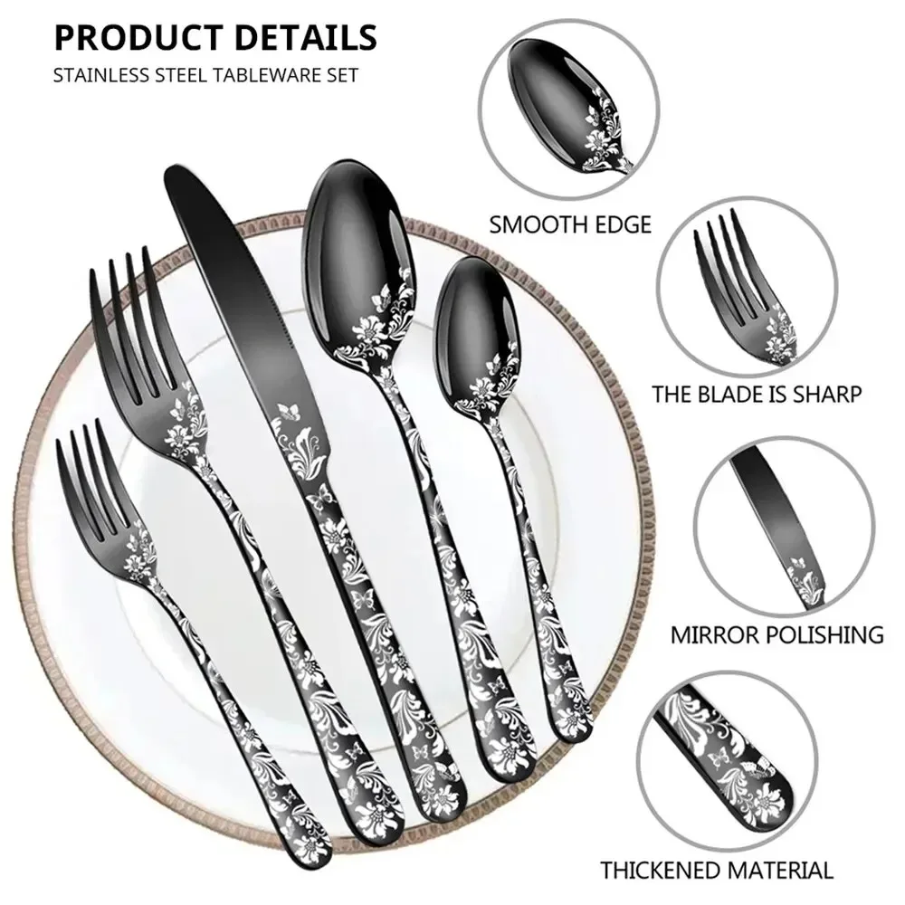 

20PCS Patterned Stainless Steel Tableware Knife Fork Spoon Set Hotel Western Style Steak Knife Fork Spoon Set