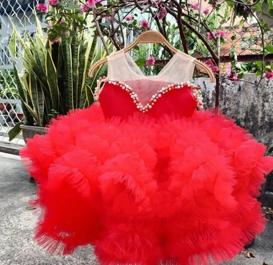 

Red Fluffy Baby Girl Dress Beading Pearls Sheer Neck Puffy Dresses For Girls Gift Dress Kids Birthday Gown