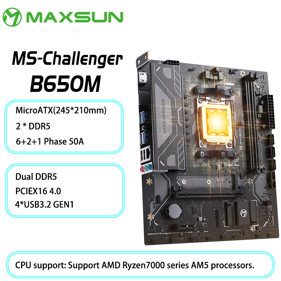 MAXSUN Challenger B650M D5 AMD B650 DDR5 RAM Supports up to 64GB 5200MHz(OC) PCIEx4 4.0 TDP185W USB3.2 SATA3.0 Socket AM5