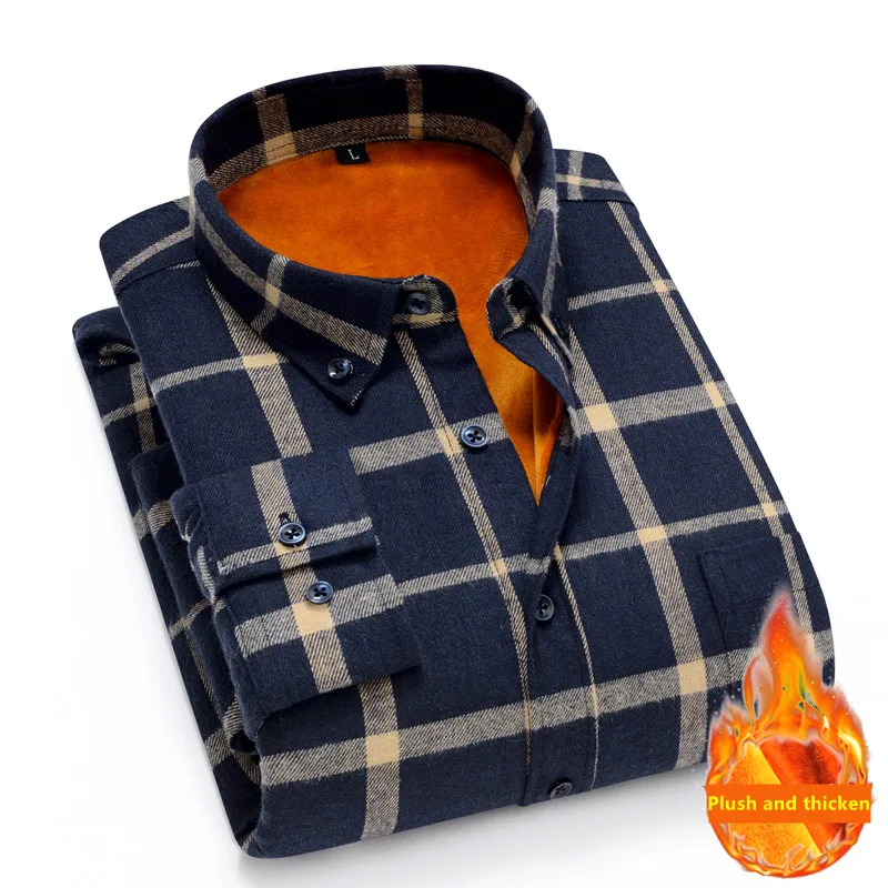 Camisa Masculina Shirt Men Plaid Flannel Shirts Mens Casual Autumn Winter Spring Thick Warm Fleece Cotton Long Sleeve Shirt 4XL