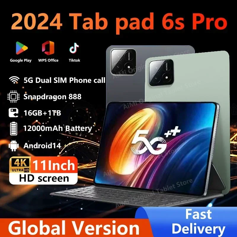 Android Tablet Tablet PC Global Version Pad 6S Pro Original Android 14 Tablets 11inch HD 4K 16GB+1T 12000mAh 5G Dual SIM Bluetooth WiFi Xiao Tablet