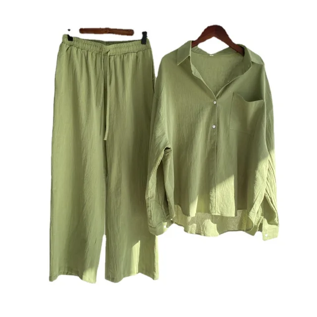 Conjuntos de 2 piezas para mujer 2026, camisa retro de color liso de algodón y lino + pantalones holgados de cintura alta, conjuntos de ropa para mujer 5
