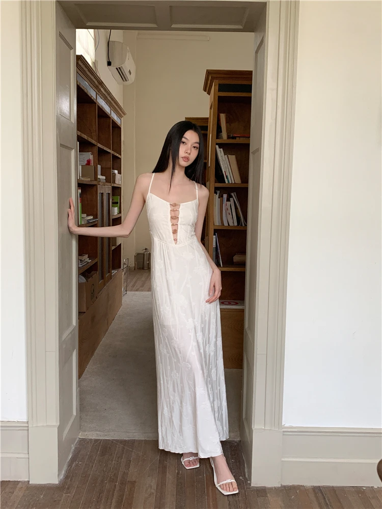 CHEERART Designer Backless Floral White Long Slip Dress Cut