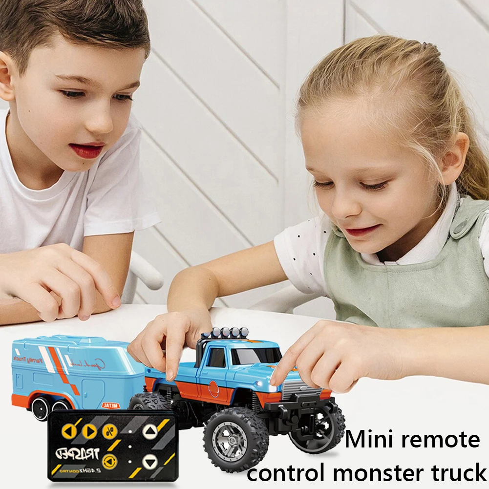Mini RC Monster Truck with Lights & Trailer All Terrain Off-Road Truck Toy 1:64 Scale 2.4Ghz Remote Control Children Toy Gift