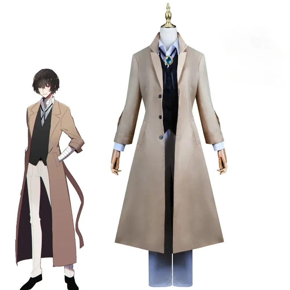 

Anime Dazai Osamu Cosplay Costume Bungo Stray Dogs Cosplay Long Jacket Coat Dazai Osamu Wig Halloween Christmas Costume