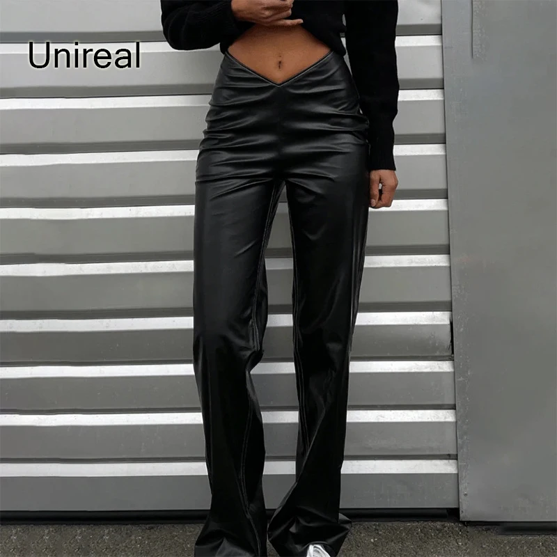 

Unireal 2022 Summer Autumn Women PU Leather Pant High Waist Black Casual Straight Pants Streetwear Trousers