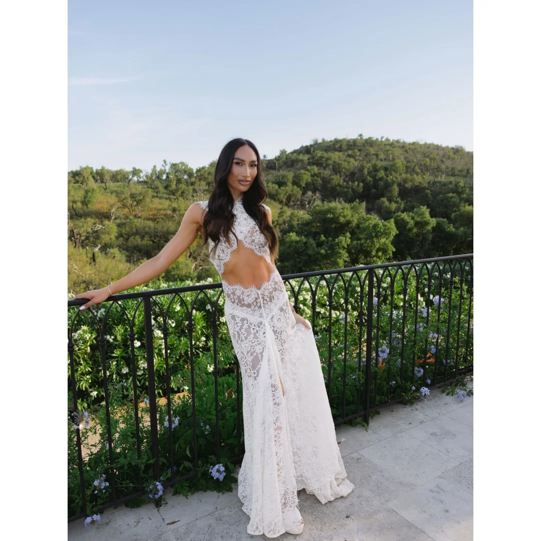 Rebecca Customized High Neck Sweep Train Prom Dress All‑Over Floral Lace vestidos de noche Crop‑Top Cut‑out Evening Dresses 2026