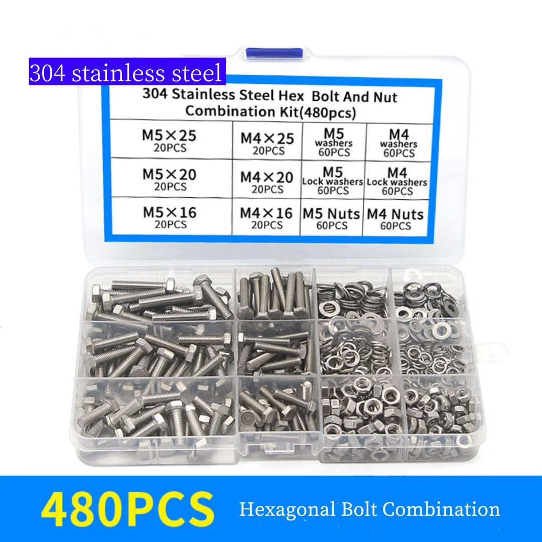 480pcs 304 Stainless Steel Hex Bot and Nut Combination Kit, Designed for Scenarios such as Mechanical Assembly, Home Repair